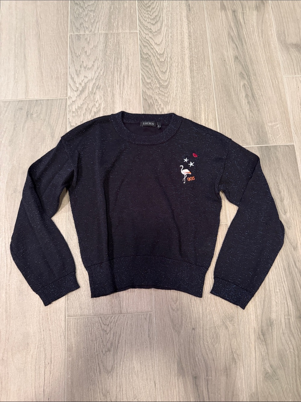 IKKS Girl’s Embroidered Crewneck Sweater - Navy with Flamingo Detail Size 5